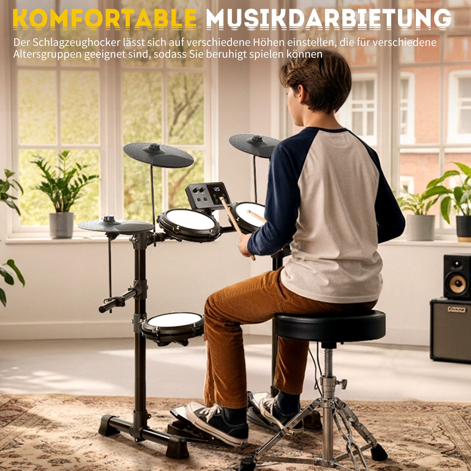 LALAHO E-Drum mit 4 Pads und 3 Becken Kinder Elektronisches Schlagzeug Set, E-Drum Kit 150 Töne 15 Schlagzeug-Kits, Kopfhörer Sticks Drumhocker – Bild 4 von 5