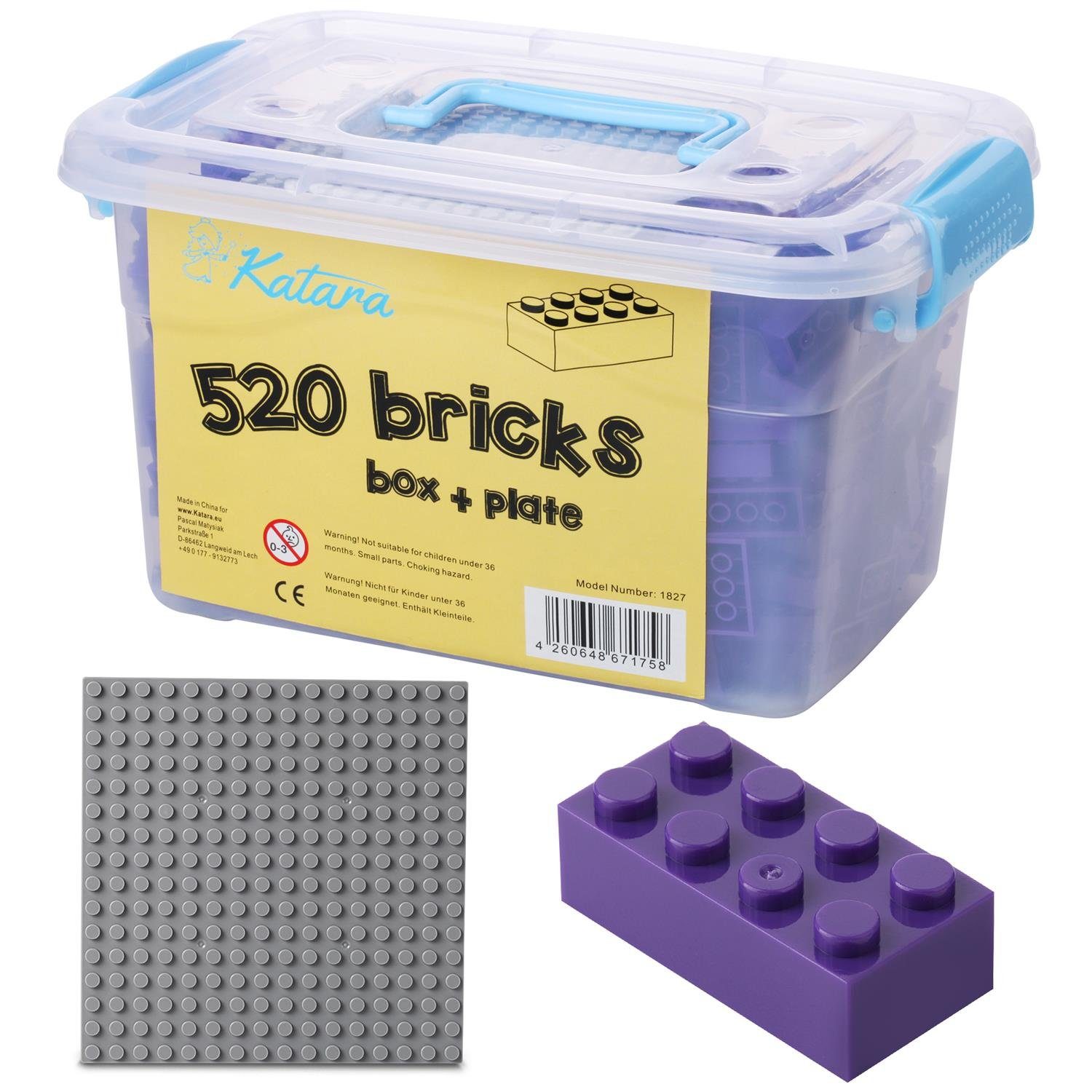 Katara Konstruktionsspielsteine Bausteine Box-Set mit 520 Steinen + Platte + Box, (3er Set), Kompatibel zu allen Anderen Herstellern - verschiedene Farben lila