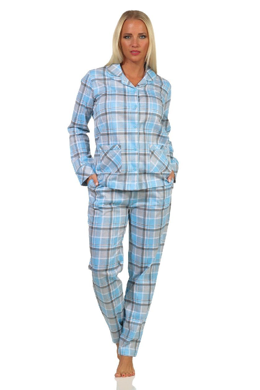 Normann Pyjama Damen Schlafanzug langarm in Karopotik in Single Jersey Qualität hellblau | Pyjamas