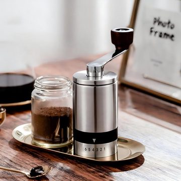 HYIEAR Kaffeemühle Edelstahl-Handkaffeemühle, 6-stufig einstellbar, tragbar, Silber, Keramikmahlwerk, 15,00 g Bohnenbehälter, 110ml Pulverbehälter, inkl. Siebträgeradapter und Reinigungspinsel