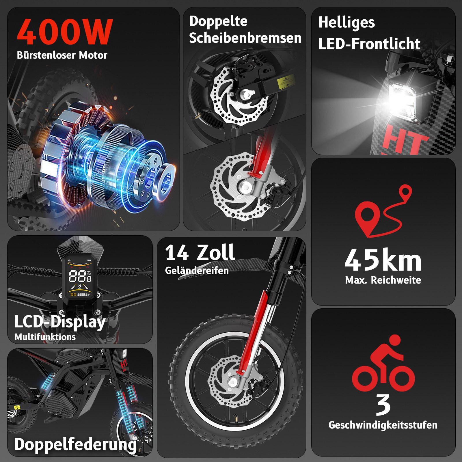 HITWAY Elektro-Kindermotorrad HT100, 36V 10,4Ah, 400W, 10/15/25 km/h, Reichweite 45 km, Belastbarkeit 70 kg, 14" Offroad-Reifen, Doppelbremsen, Doppeldämpfer, Aluminiumrahmen