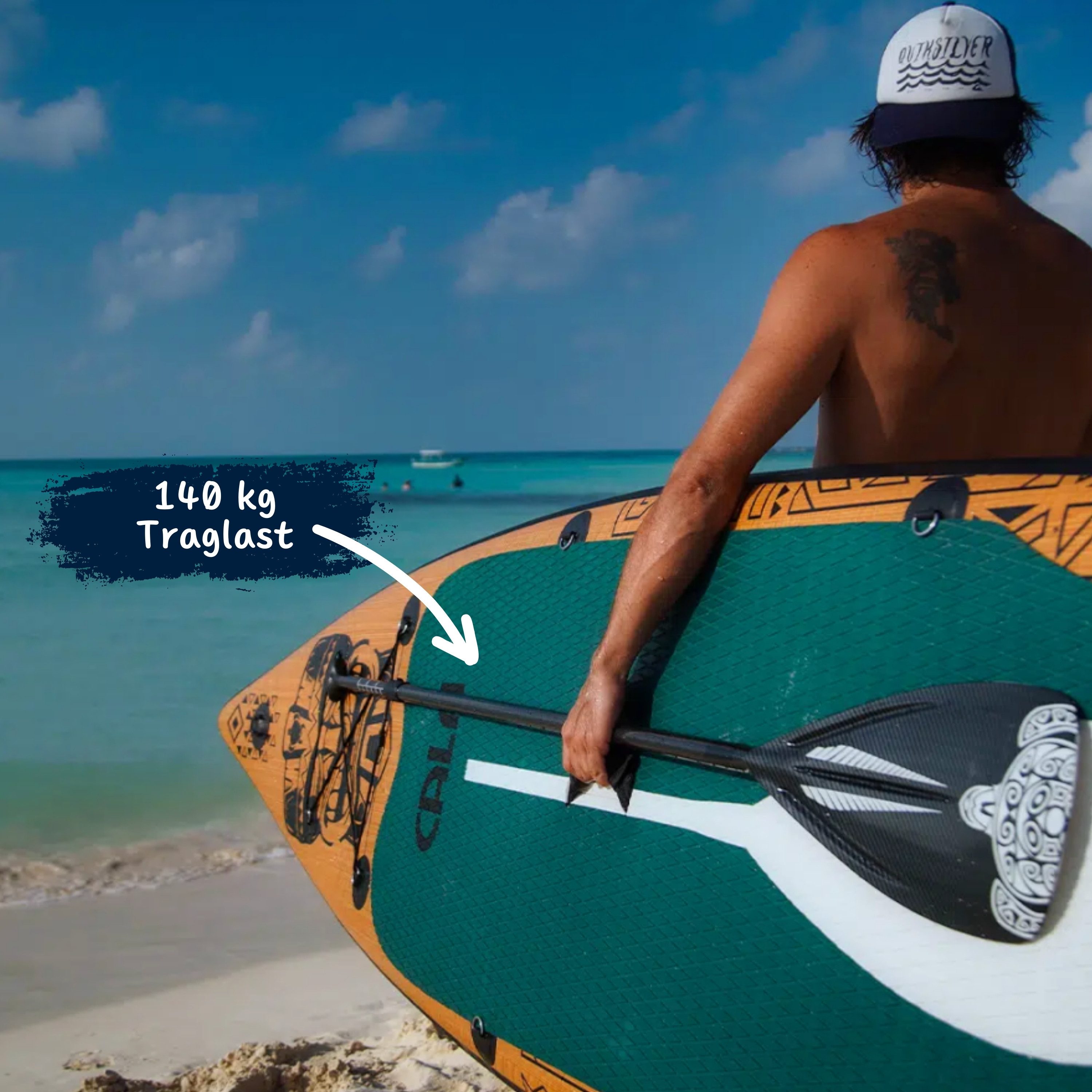 CALA SUP-Board KANALOA, robustes SUP- Board, aufblasbar, (Komplett-Set, SUP BOARD inkl. Board Bag, Pumpe, Vollcarbon-Paddel, Reparatur Kit), Holzoptik, D-Ringe für Kajaksitz