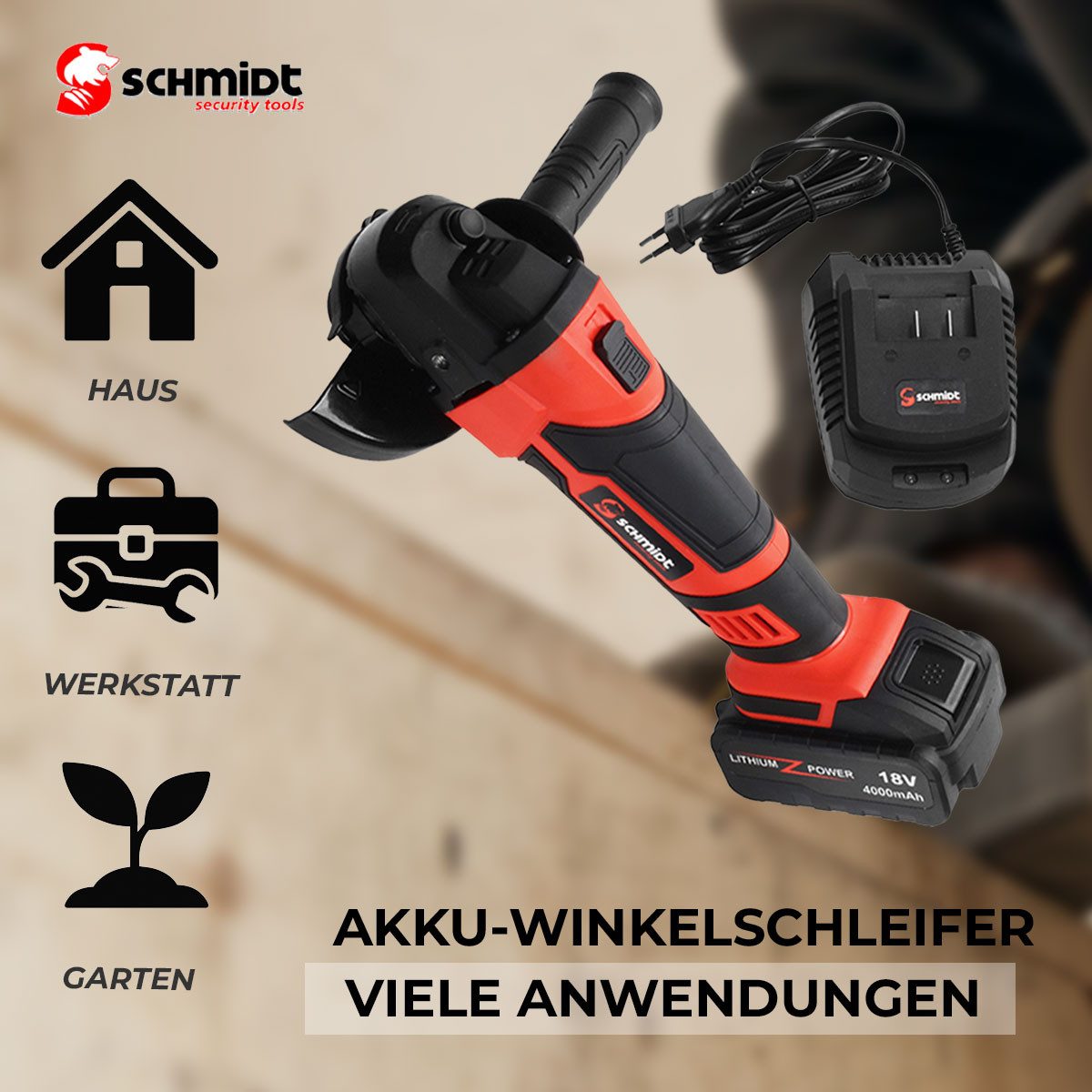 SCHMIDT security tools Akku-Winkelschleifer Akku-Winkelschleifer AG-115 Akku Ladegerät