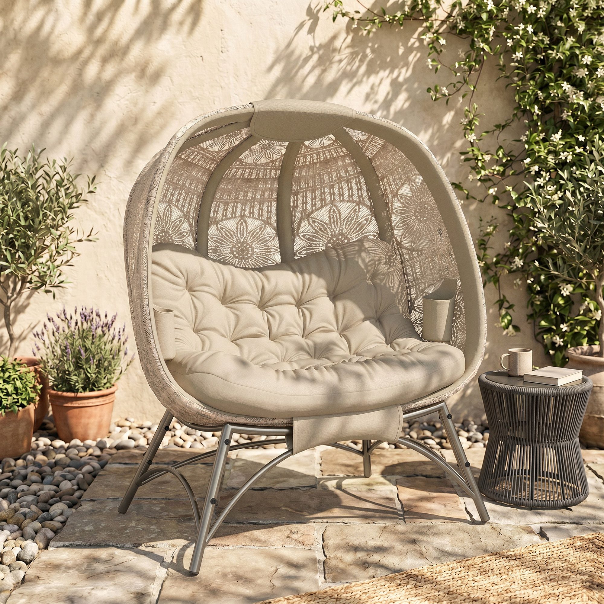 Outsunny Gartenstuhl 2-Sitzer Korb-Stuhl mit faltbarem Korb, Kissen, 240kg belastbar (Papasansessel, 1 St), Für Balkon, Terrasse, Stahl, Sand, 126 x 90 x 142 cm