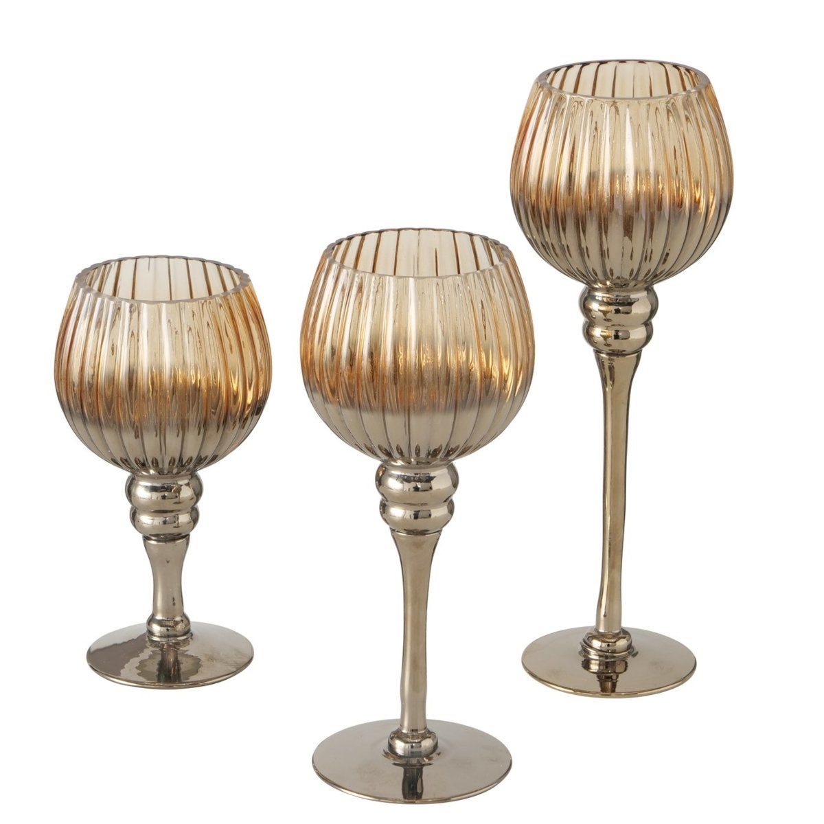 Windlicht Minou 3er Set – Höhen 20, 25, 30 Cm, Goldfarben, Aus Glas
