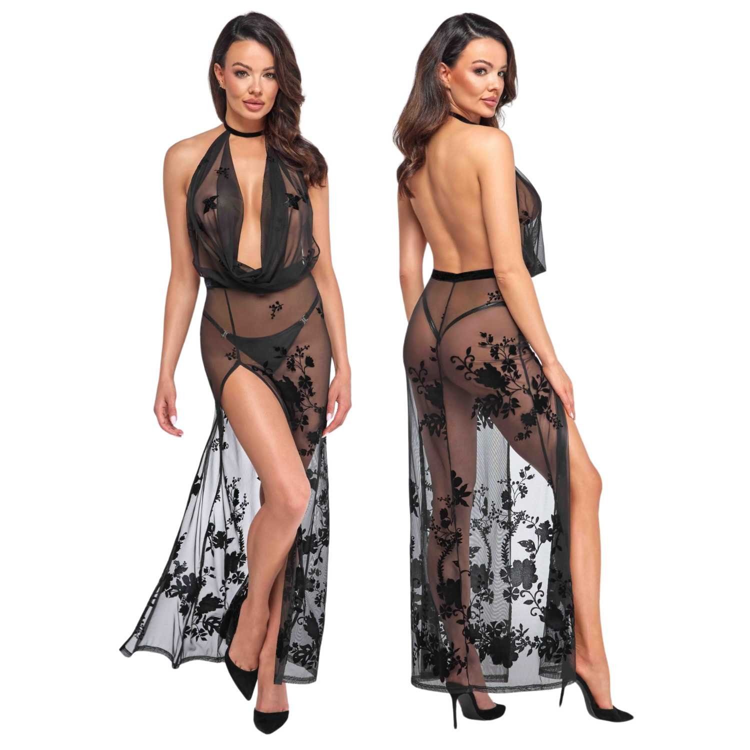 Noir Handmade Maxikleid F312 langes Kleid beflocktes Netz XL günstig online kaufen