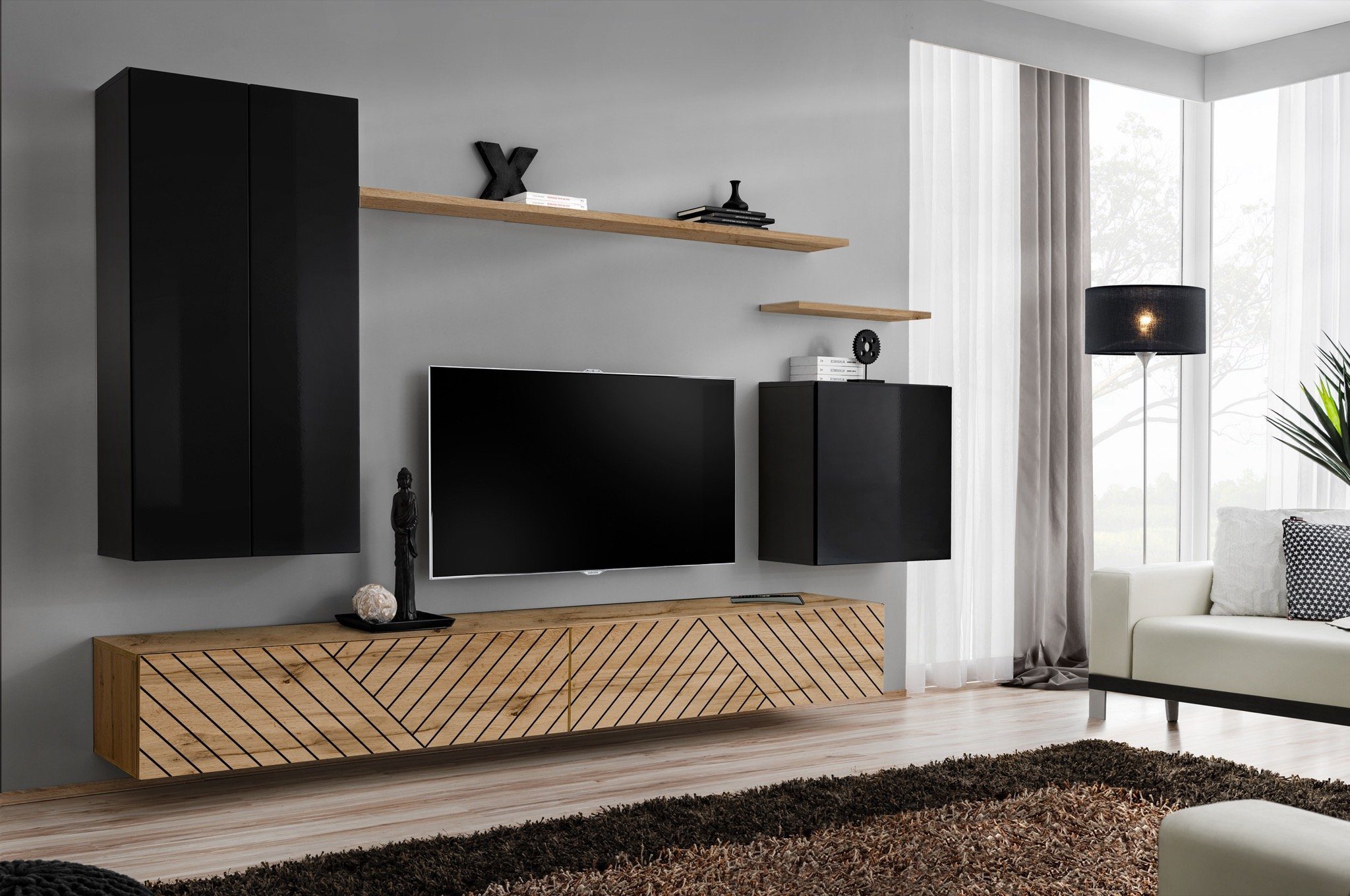 99rooms Wohnwand Swotch II L, (Set (7 St), Wohnzimmer-Set), bestehend aus 2×Lowboard, 2×Wandboard, 3×Wandschrank, hängend