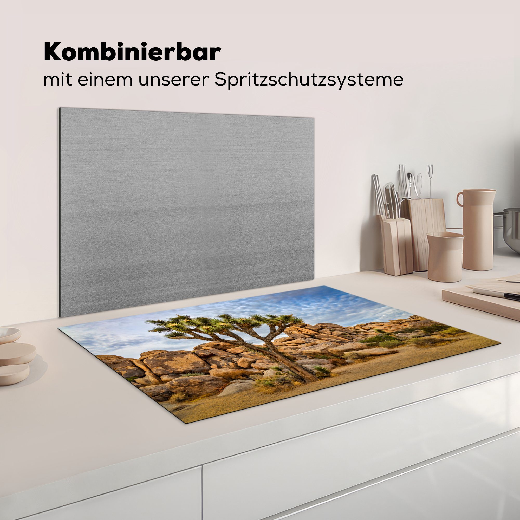 den für Wolken, Herdblende-/Abdeckplatte unter küche, Vinyl, (1 Schutz Ceranfeldabdeckung 81x52 tlg), cm, Felsformation die MuchoWow Induktionskochfeld