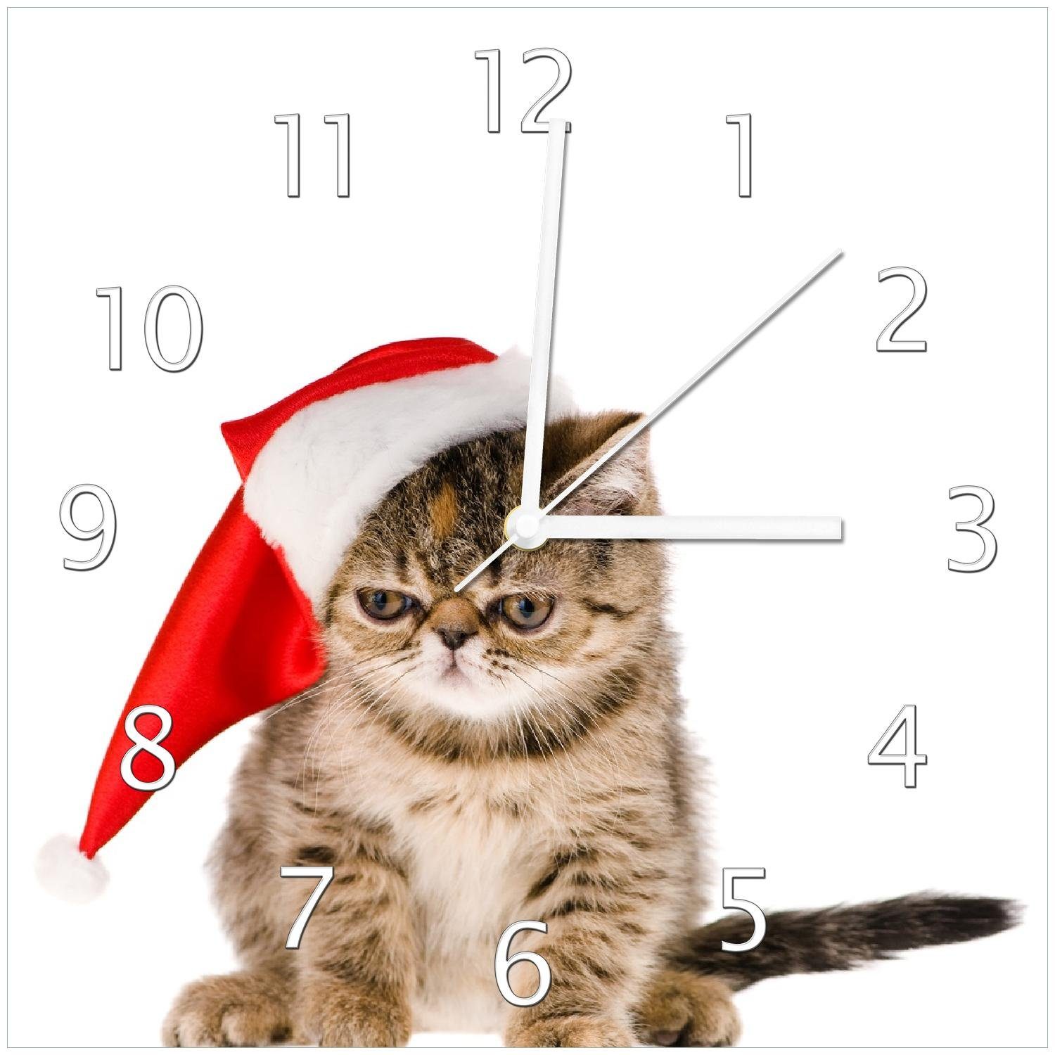 Wallario Wanduhr Ich hasse Weihnachten - mürrische Katze mit Weihnachtsmütze (Glasuhr)