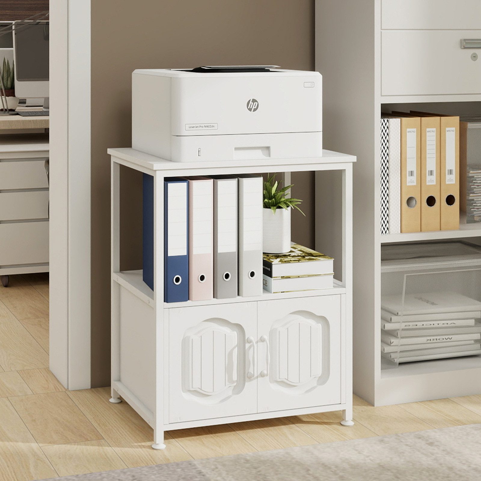 PUNCIA Druckertisch mit Stauraum & dekorativen Türen, Druckerschrank, Küchenschrank (1-St), Druckerständer 3 Ebenen, Büroschrank 60 x 40 x 75 cm – Bild 5 von 5