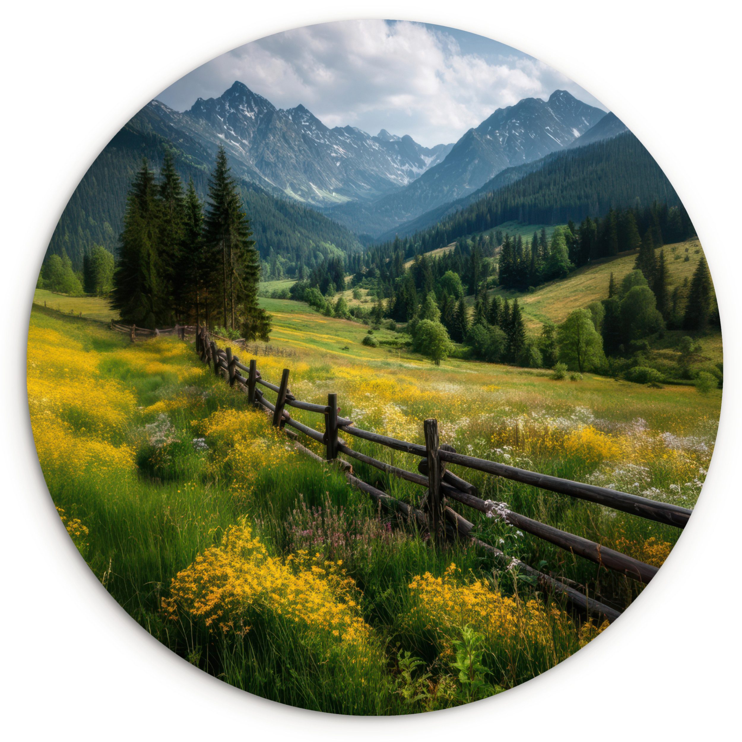 Gemälde Feld - Zaun - Berge - Blumen