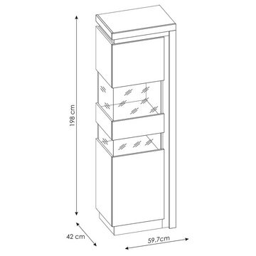 Lomadox Vitrine LYNDHURST-129 weiß Hochglanz, Türanschlag links, B/H/T 60/198,5/42 cm