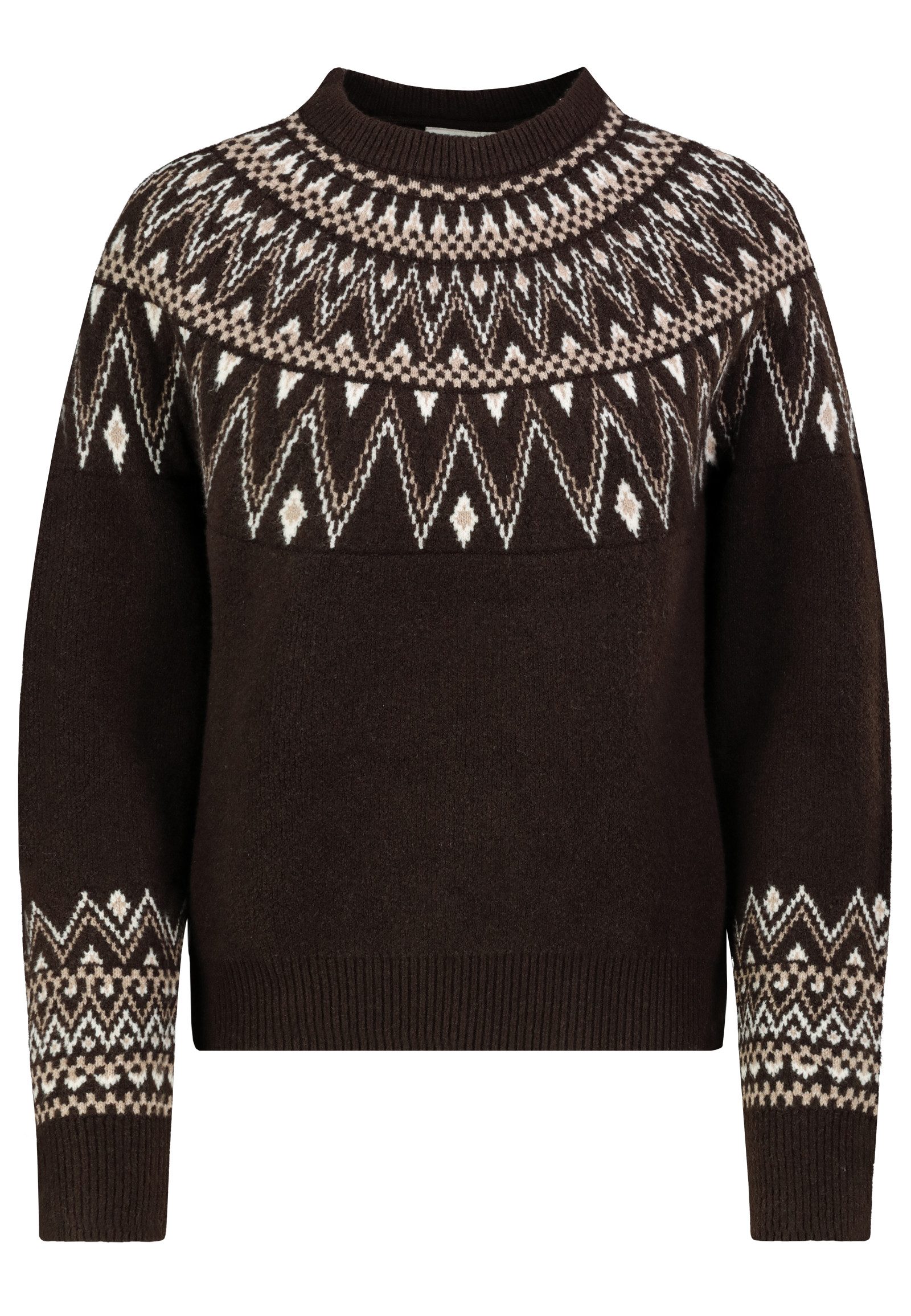 Eight2Nine Strickpullover Jacquardmuster Rundhals Raglanärmel für Damen (1-tlg) Breite Rippbündchen, Norwegermuster, Markante Kontraste
