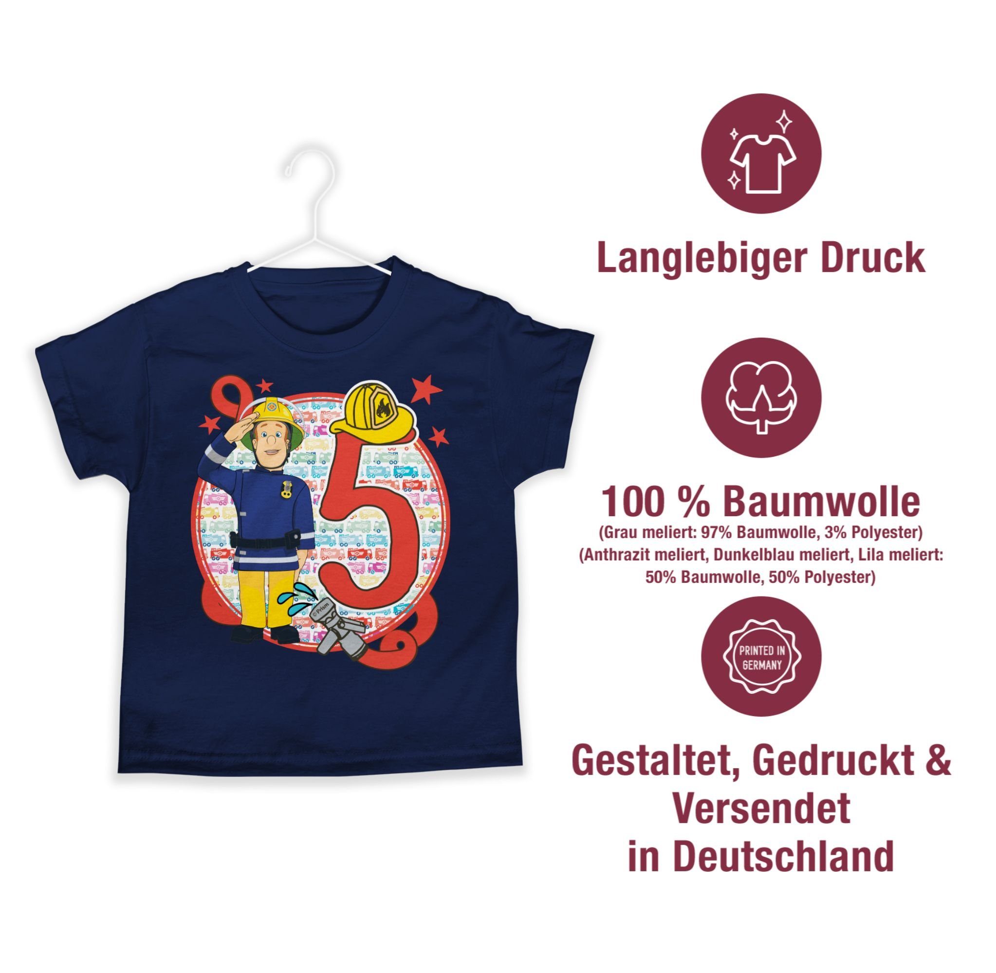 02 5. Jungen T-Shirt Geburtstag Feuerwehrmann Sam Dunkelblau Shirtracer