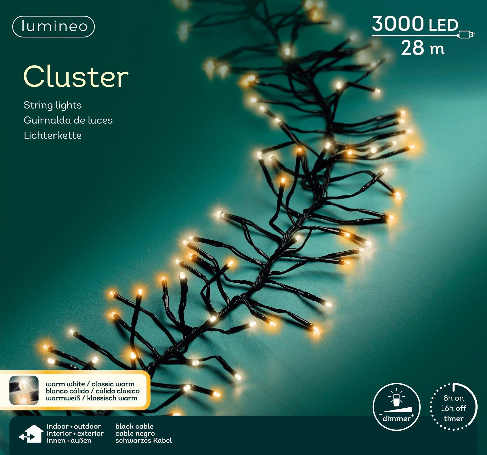 Lumineo LED-Lichterkette Lumineo Lichterkette CLUSTER 3000 LED 28 m, warm weiß + klassisch warm, Dimmbar, 8h-Timer, Indoor/Outdoor, 2 Farben, 2-3 m