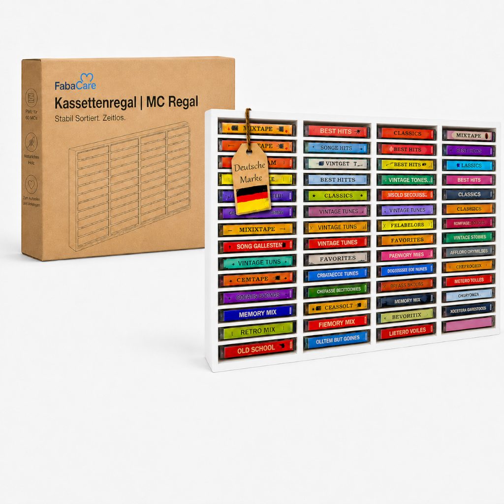 FabaCare CD-Regal MC Regal aus Holz für 60 Kassetten, Kassettenregal