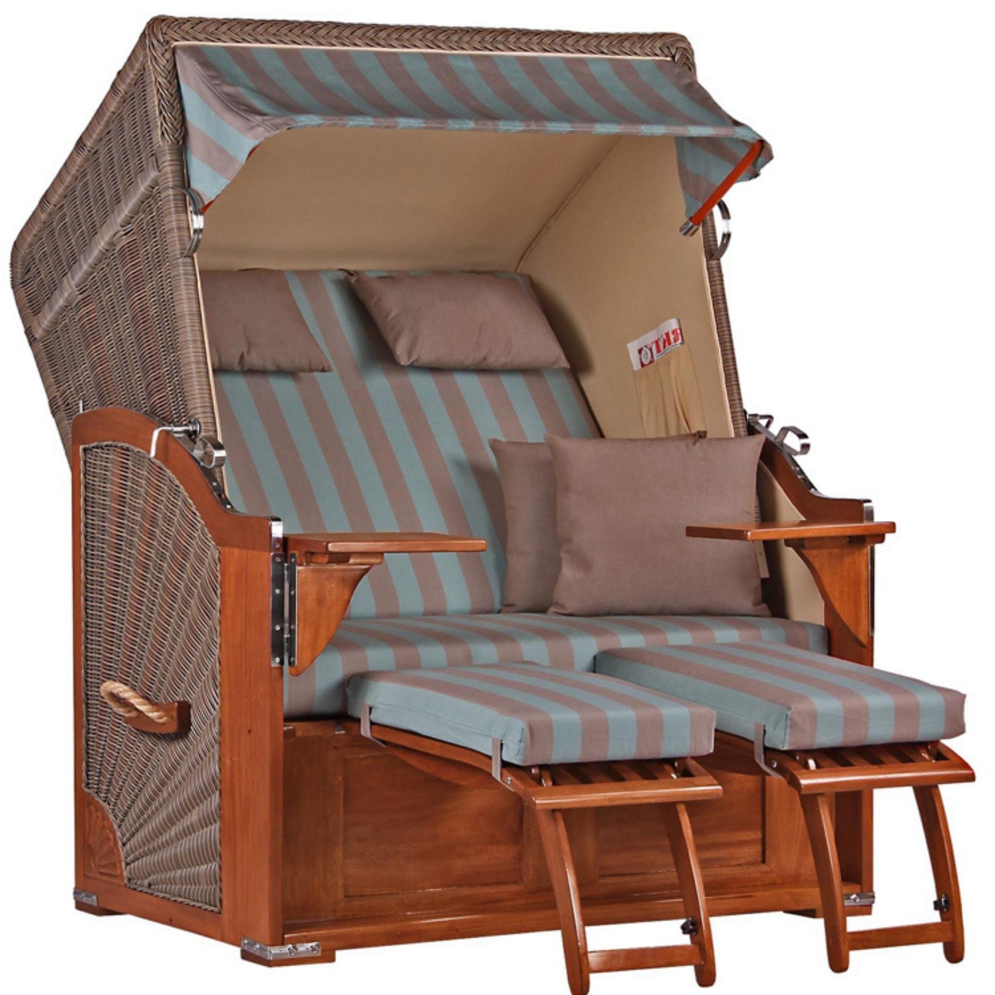 MR.DEKO Strandkorb Strandkorb Komplettset Seeblick Mahagoni PE Grey Dessin 520, BxTxH: 125x80x170 cm, Volllieger, Seeblick, (Luxus-Komplettset 4-tlg. inkl. Abdeckhaube, 4-tlg., Strandkorb mit Abdeckhaube, Rollen & Lifter-System), Wetterfester Strandkorb inkl. Lifter & Rollen, Fertig montiert