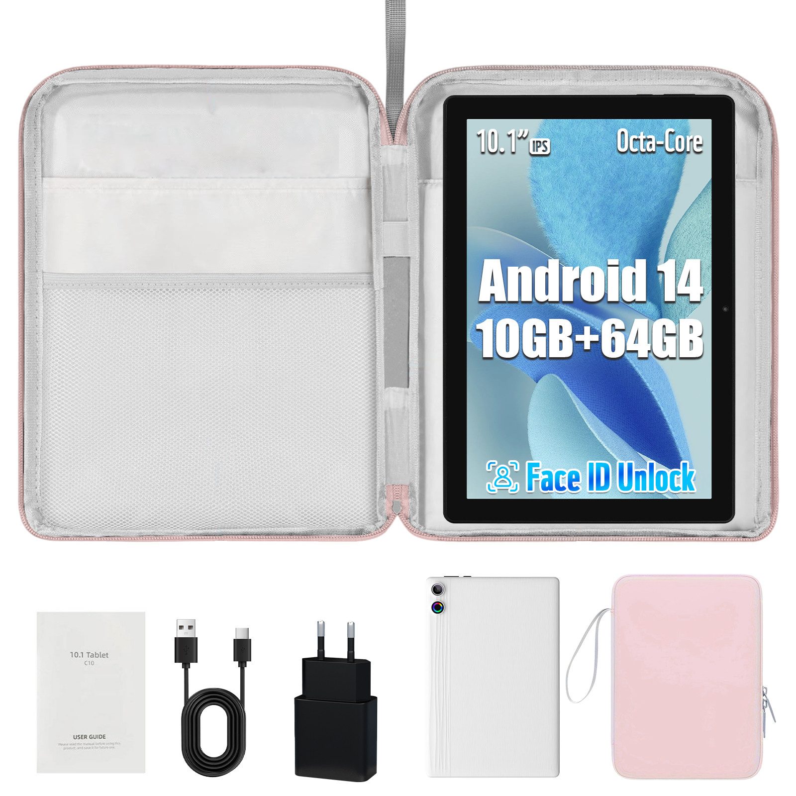 BUFO Android 14 10 Zoll 10GB RAM+64GB, 1280x800 HD IPS, WiFi 6, mit Tasche Tablet (10", 64 GB, Android 14, 2,4G/5G WiFi, Gesichtsentsperrung, 64GB ROM bis zu 1TB, mit Tasche)