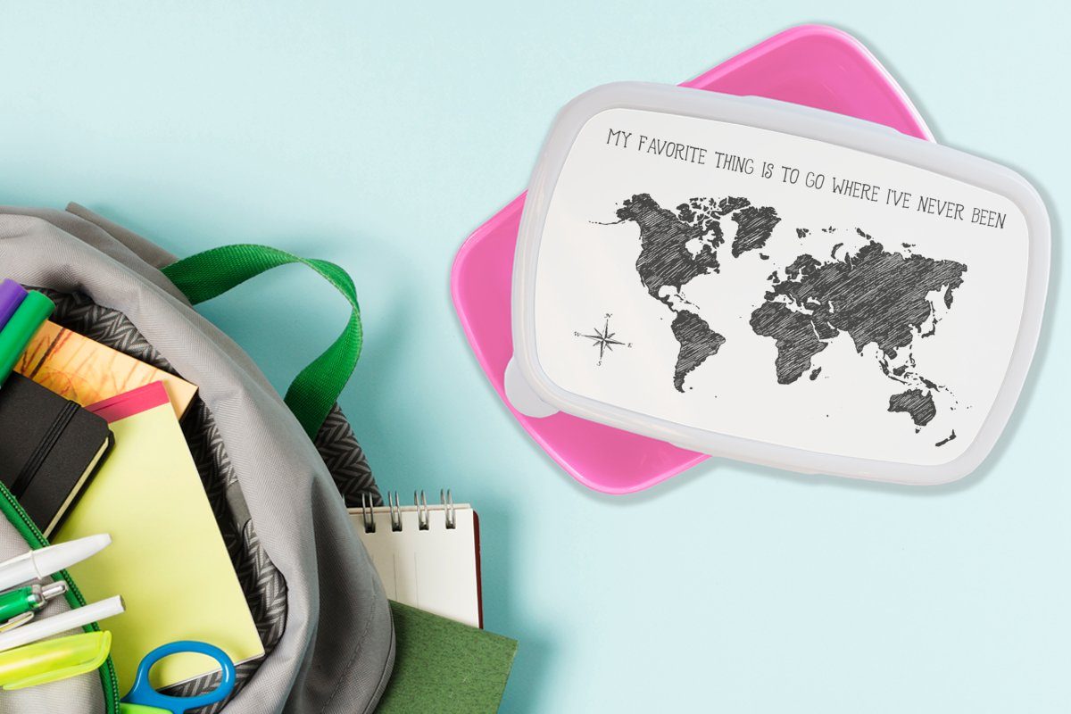 MuchoWow Lunchbox Weltkarte - für - Mädchen, Weiß Schwarz - Brotdose Zitat, Brotbox Snackbox, Erwachsene, Kinder, (2-tlg), Kunststoff, rosa Kunststoff