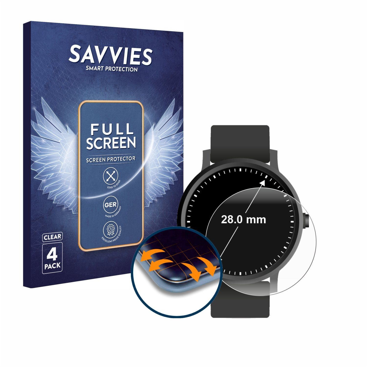 Savvies Displayschutzfolie Fullscreen Schutzfolie für Наручные часы (Kreisrund, ø: 28 mm), 4 Stück, Displayschutz Folie Fullcover Klar Transparent