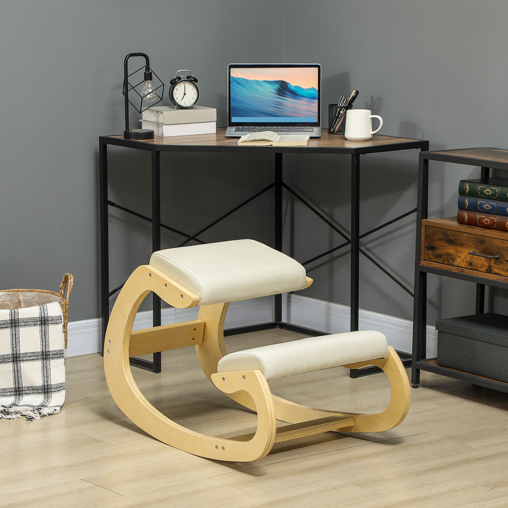 HOMCOM Stuhl Kniestuhl Ergonomisch, Kniestuhl aus Holz, Gesundheitsstuhl (Schreibtischstuhl, 1 St), für Homeoffice, zur Verbesserung der Körperhaltung, Cremeweiß