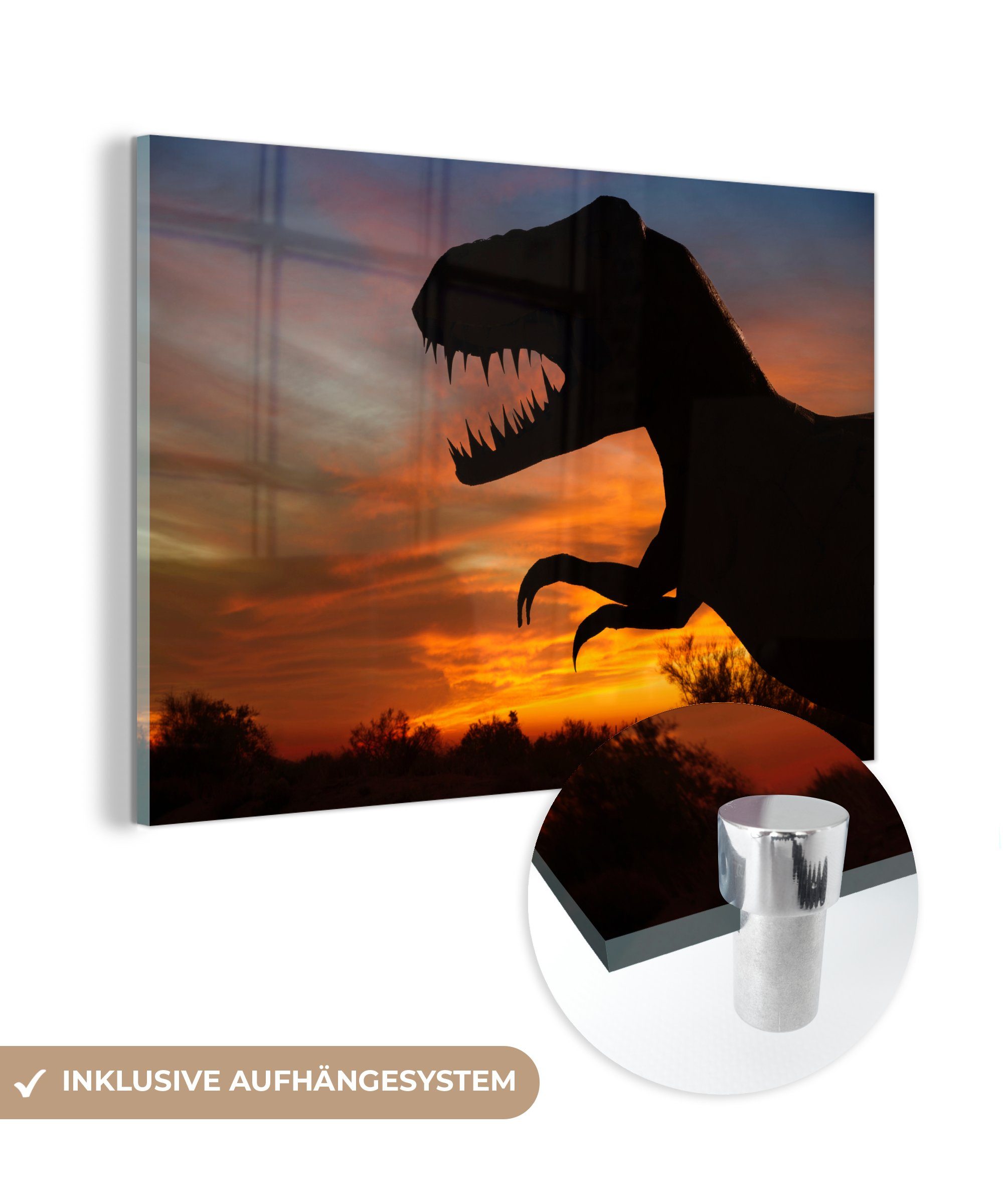 MuchoWow Acrylglasbild Scherenschnitt - Dinosaurier - Sonne, (1 St), Acrylglasbilder Wohnzimmer & Schlafzimmer