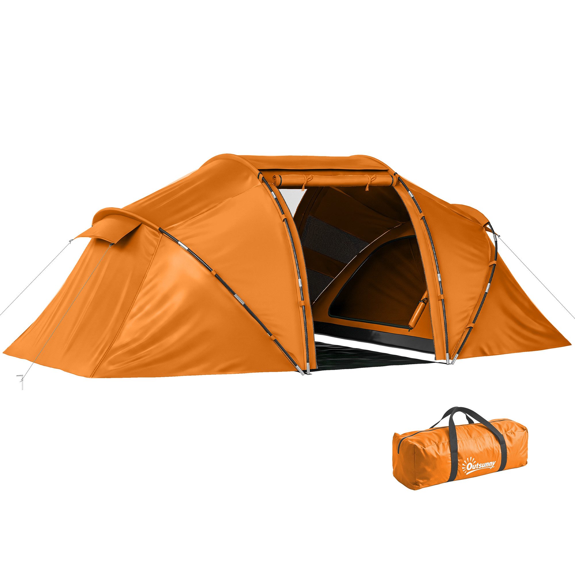 Outsunny Tunnelzelt Campingzelt mit Tür, Bodenplane, 2000mm wasserdicht, Gruppenzelt, Personen: 4 (Familienzelt, 1 tlg., mit Transporttasche, 22 Heringe, 8 Abspannseile), für Camping Reise Trekking Garten, Orange