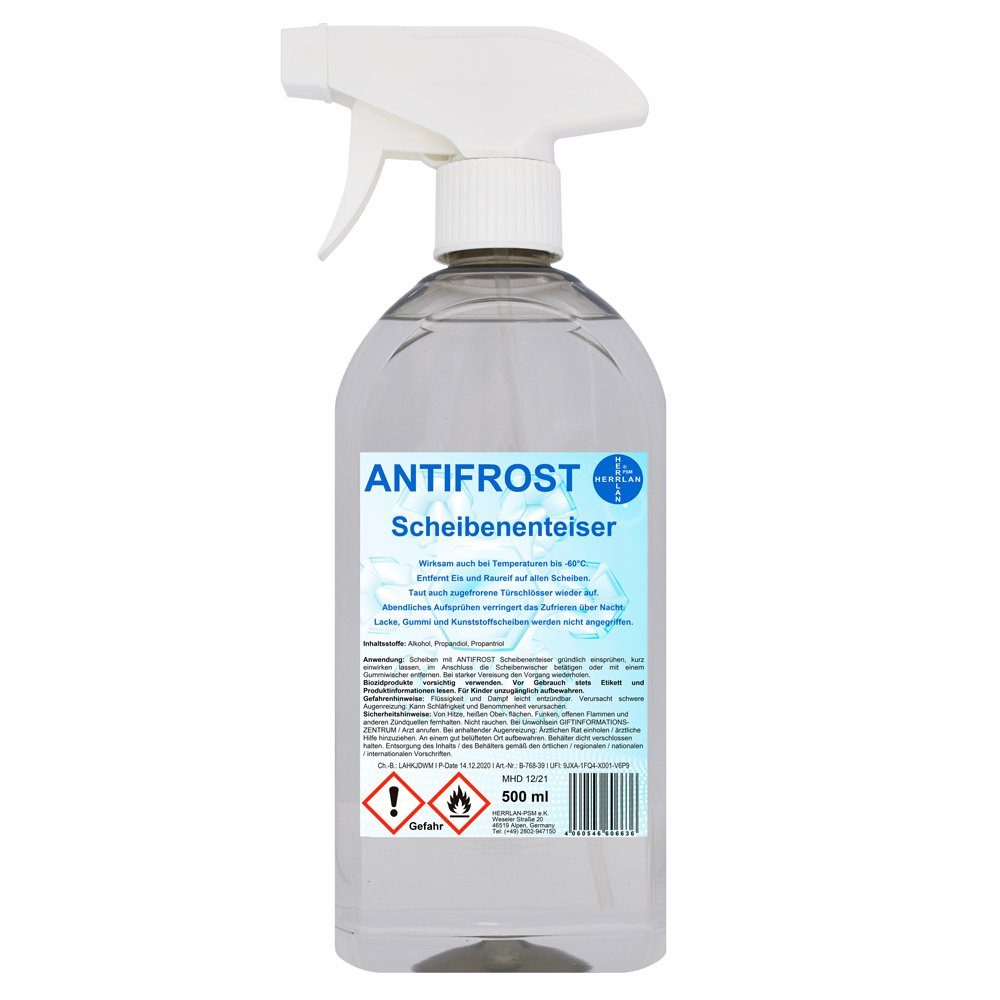HERRLAN Scheibenfrostschutz ANTIFROST Scheibenenteiser, wirksam, bis -60 °C, 0.5 l, in der Sprühflasche, Entfroster I Enteiser I Herrlan - Qualität I Made in Germany