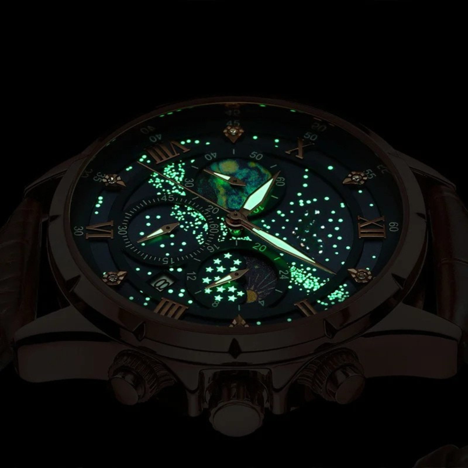 S&T Design Quarzuhr Herrenuhr Leder Braun Chronograph Armbanduhr Lederarmband Mansa Lux, (Anzug Hochzeit Büro, inkl. Uhrenbox & Bedienungsanleitung QR), Herren  – Bild 4 von 5