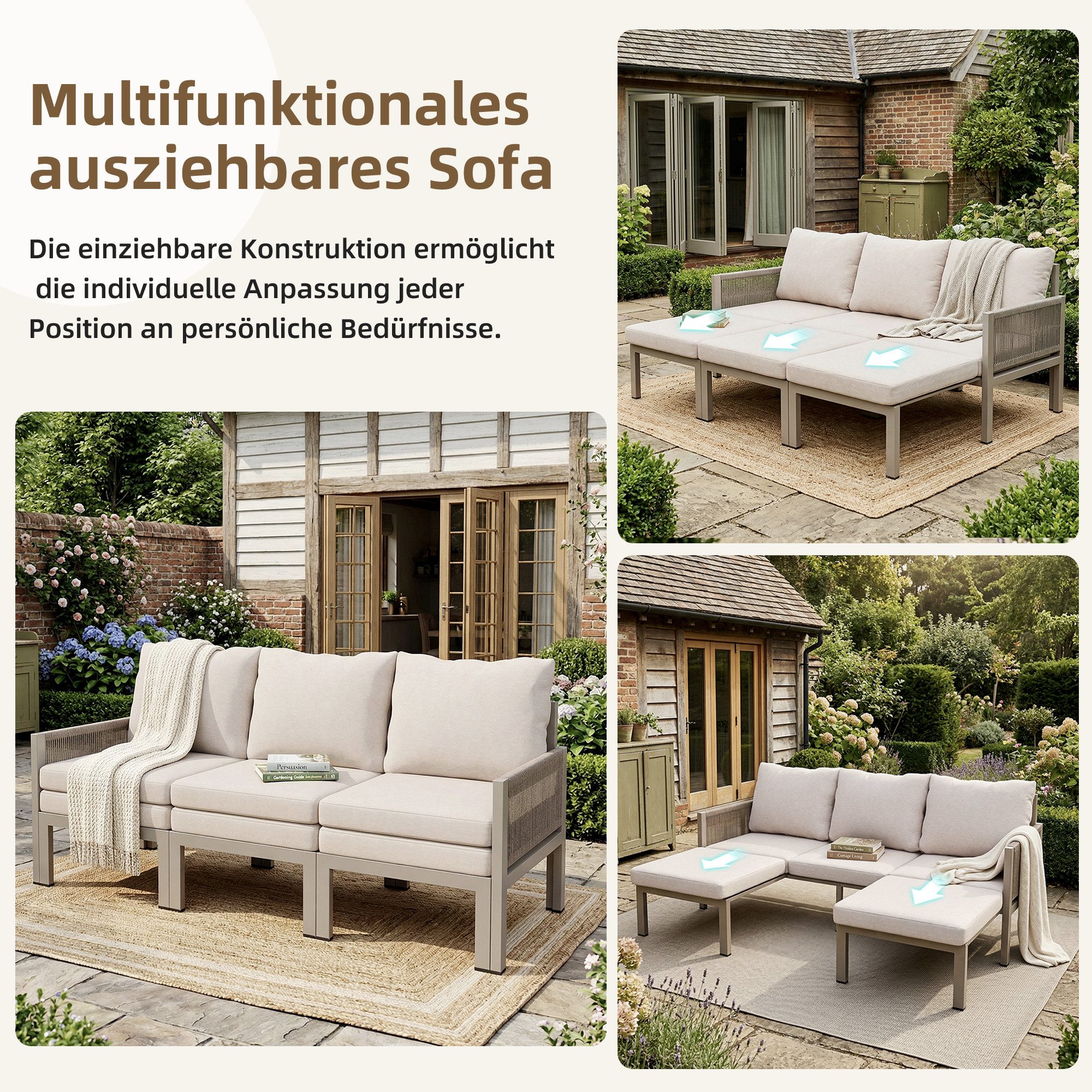 i@home Gartensofa Outdoorsofa, 3-Sitzer-Sofa, Multifunktionales Sofa, lässt sich in einen Liegesessel verwandeln