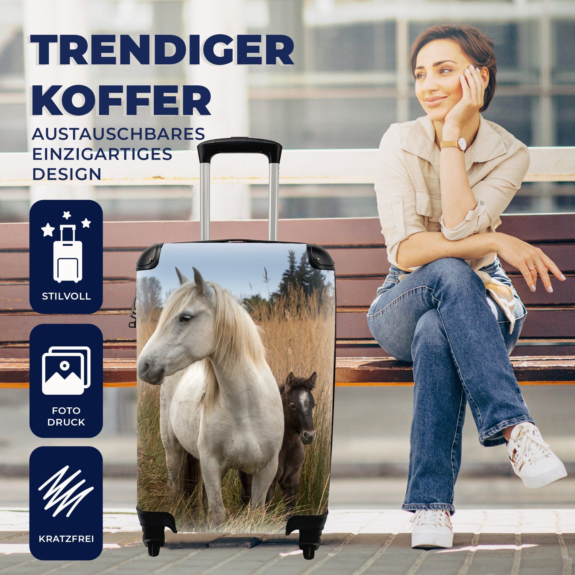 MuchoWow Handgepäckkoffer Pferde - Fohlen Reisetasche Trolley, Ferien, mit 4 rollen, Weiß, - Handgepäck Rollen, für Reisekoffer
