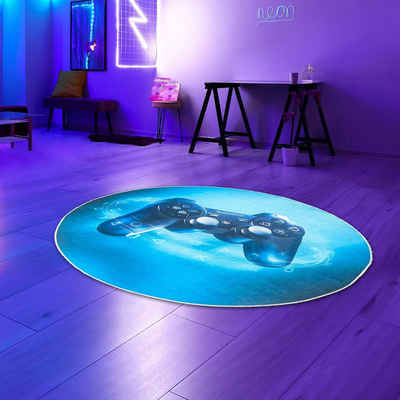 Teppich Gaming Teppich mit Joystick und blauem Neon-Strahl, Teppich-Traum, Rund, Höhe: 5 mm