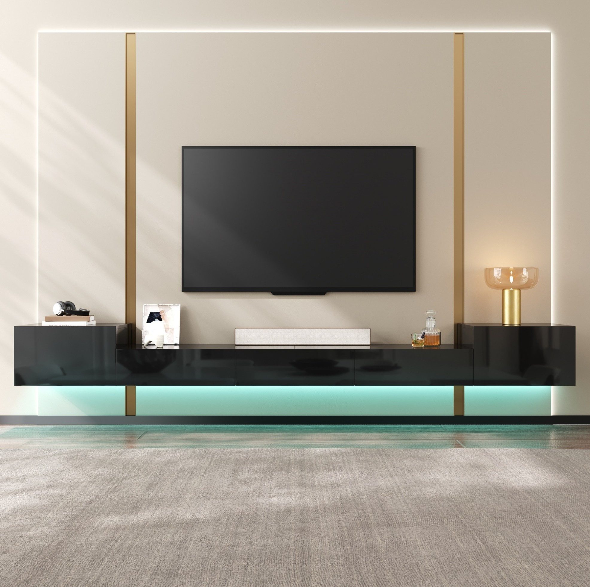 OKWISH TV-Schrank Kompaktes Wand-Lowboard mit LED & Stauraum (Packung, 1-St., Schwarz, 245×26×30 cm, für Wohnzimmer & TV-Bereich) 5 Türen, Hochglanz, App-Steuerung