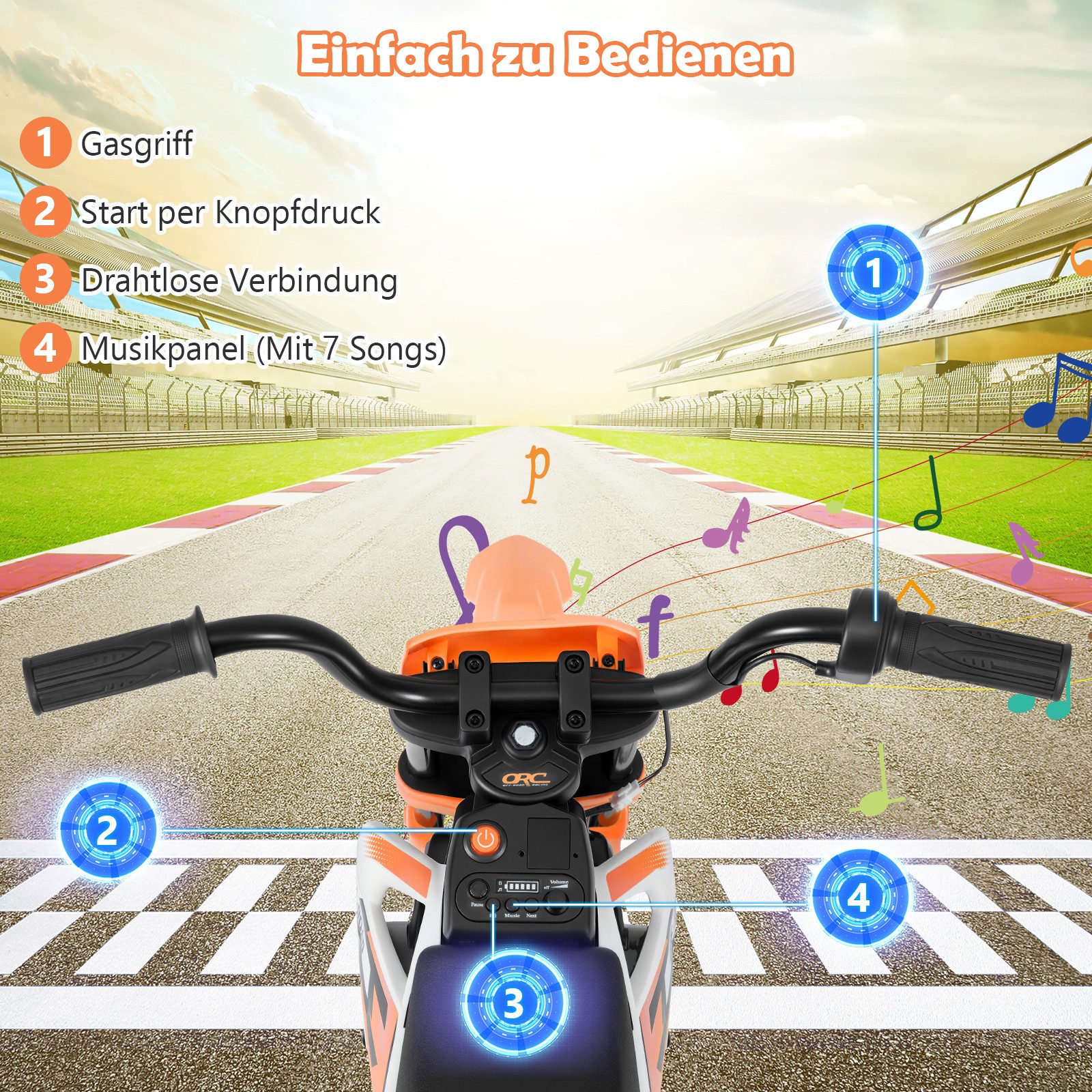 KOMFOTTEU Elektro-Kindermotorrad, Belastbarkeit 30 kg, Kindermotorrad mit Fußpedalen, Musik & Stoßdämpfungm
