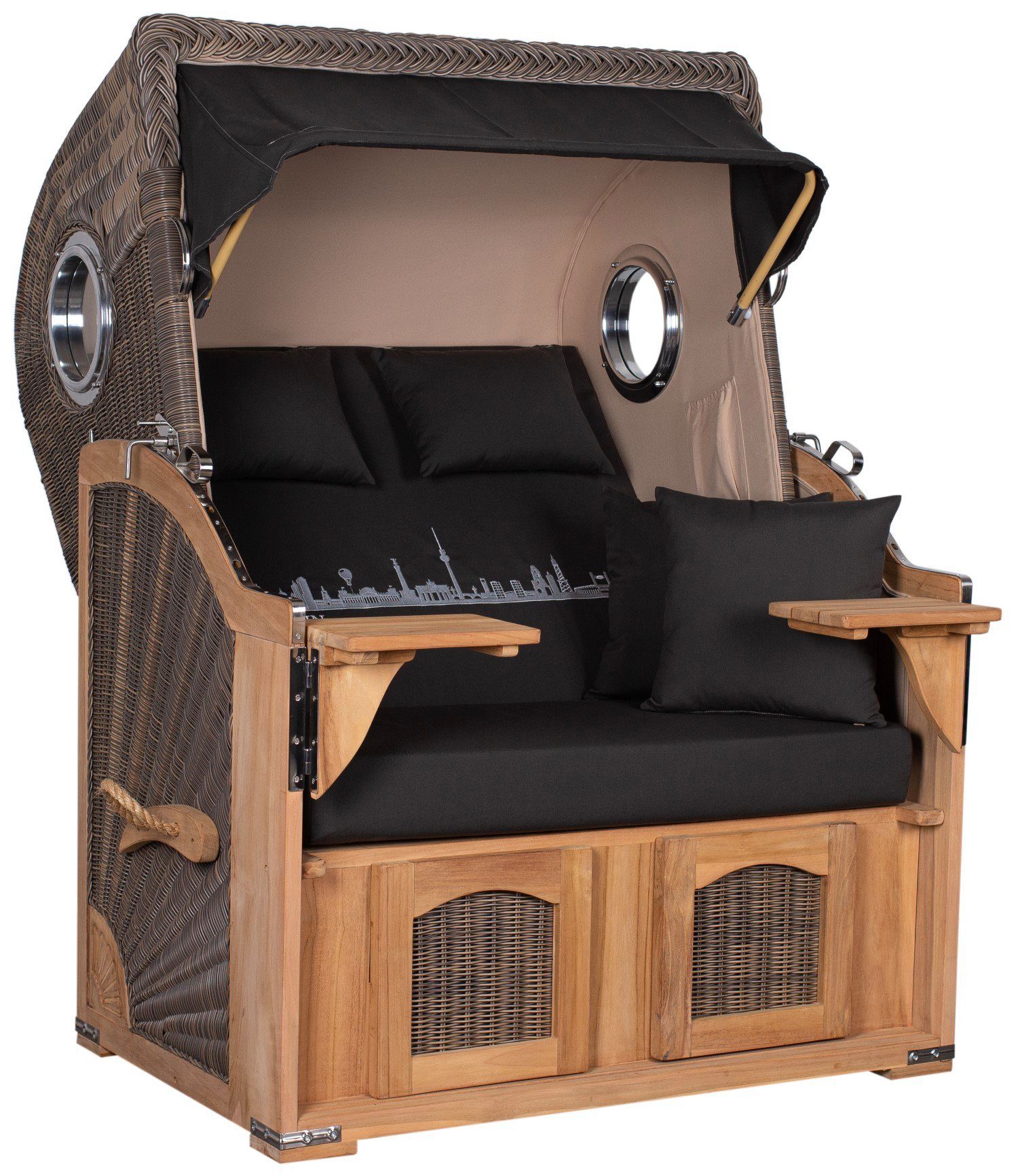 bene living Strandkorb Ammersee 2-Sitzer Teak - PE grau - Skyline Berlin, BxTxH: 125x80x165 cm, Volllieger ca. 175 Grad, Ostsee-Strandkorb, Städtename