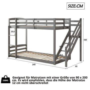 Ulife Kinderbett Etagenbett mit zwei Sicherheitstreppen, Massivholz, 90×200 cm