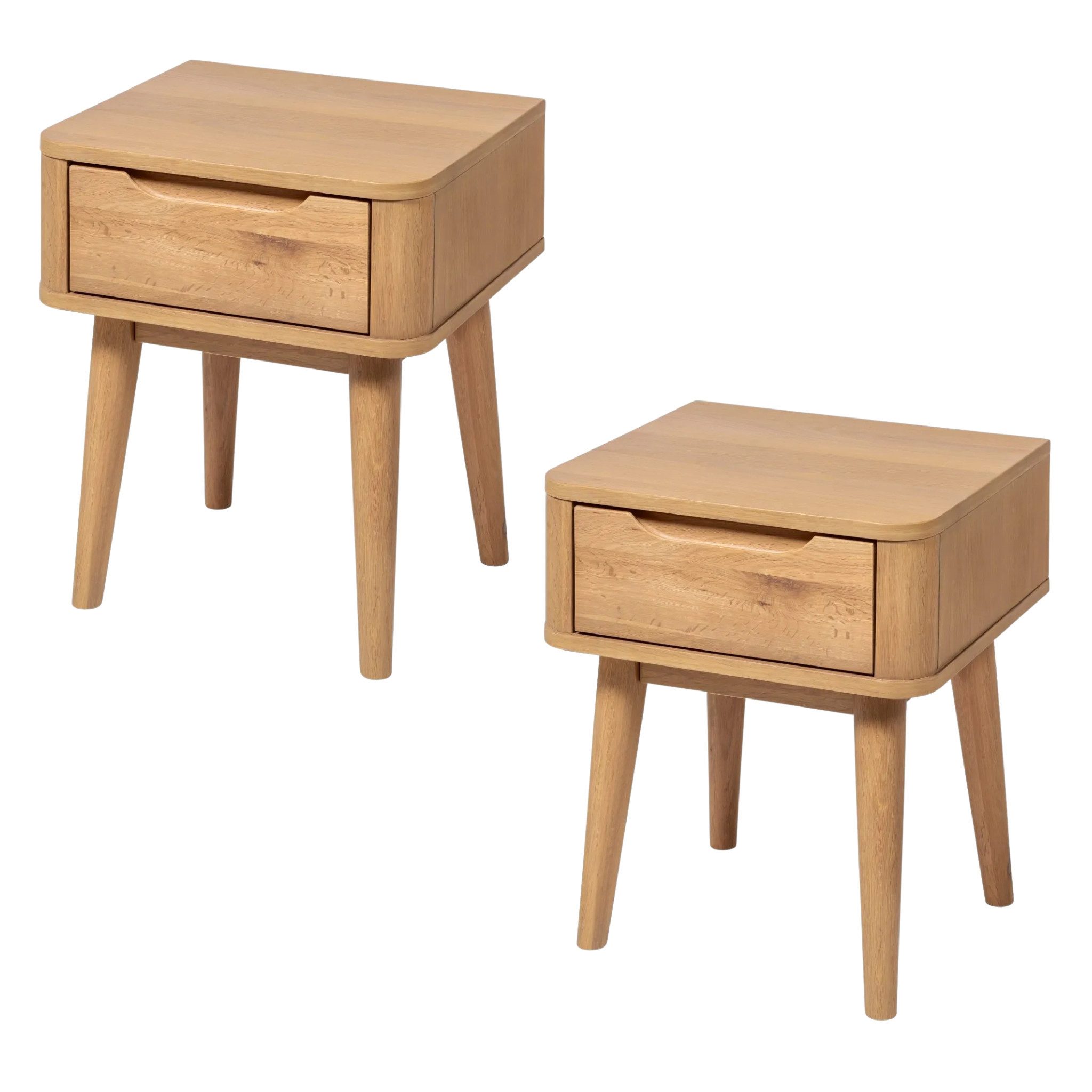 Woodek Design Nachttisch Nora 2er-Set aus Eiche und Eichenfurnier – matt lackiert (schlanke Gestaltung, 2-St., Massiver Eichenkorpus), Kompakte Maße 45 x 40 x 54