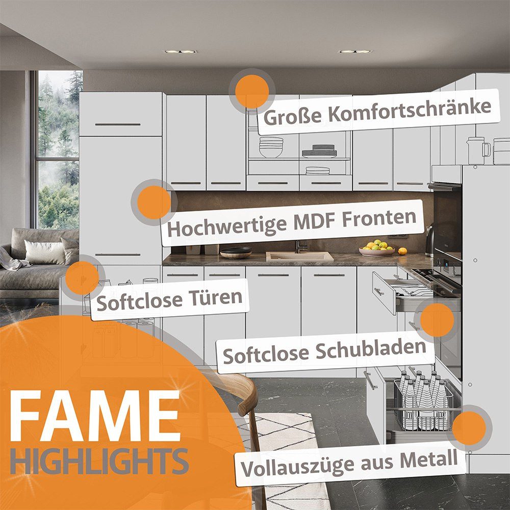 Vicco Küchenzeile Fame-Line, Weiß Landhaus/Anthrazit, 240 cm, AP Anthrazit