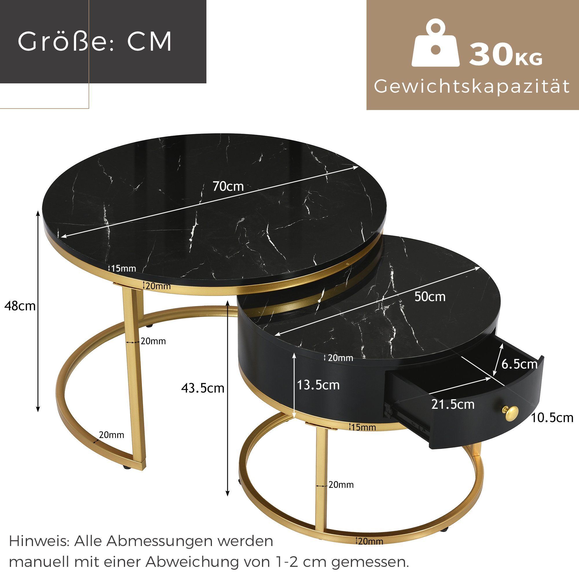 Merax aus Couchtisch Schwarz (2-St), Schublade | Holz Satztisch Metallbeine rund mit hochglanz goldenen mit Marmoroptik Beistelltisch Schwarz