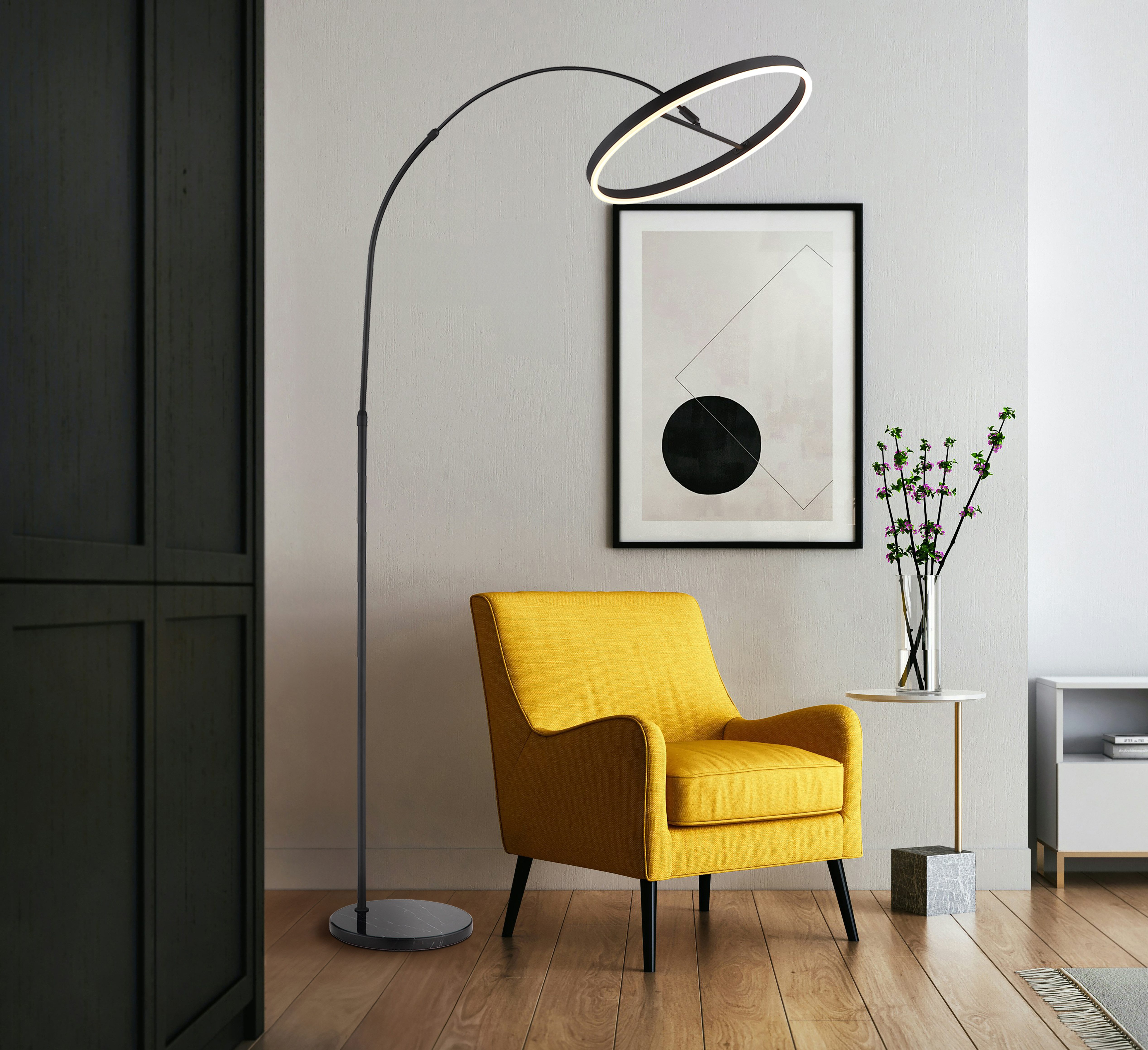 GLOBO LIGHTING Stehlampe JERROLD, LED fest integriert, Warmweiß, Schwarze Stehleuchte mit Marmor, dimmbar, Memoryfunktion