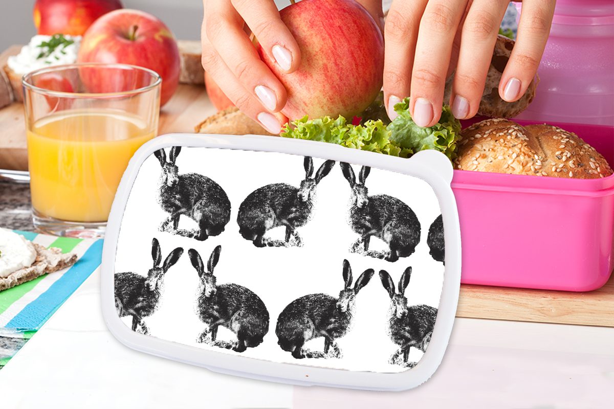 MuchoWow Lunchbox Brotbox Brotdose Erwachsene, Snackbox, Kinder, - - Kaninchen Tiere, Kunststoff, (2-tlg), Mädchen, rosa Jahrgang - für Design Kunststoff