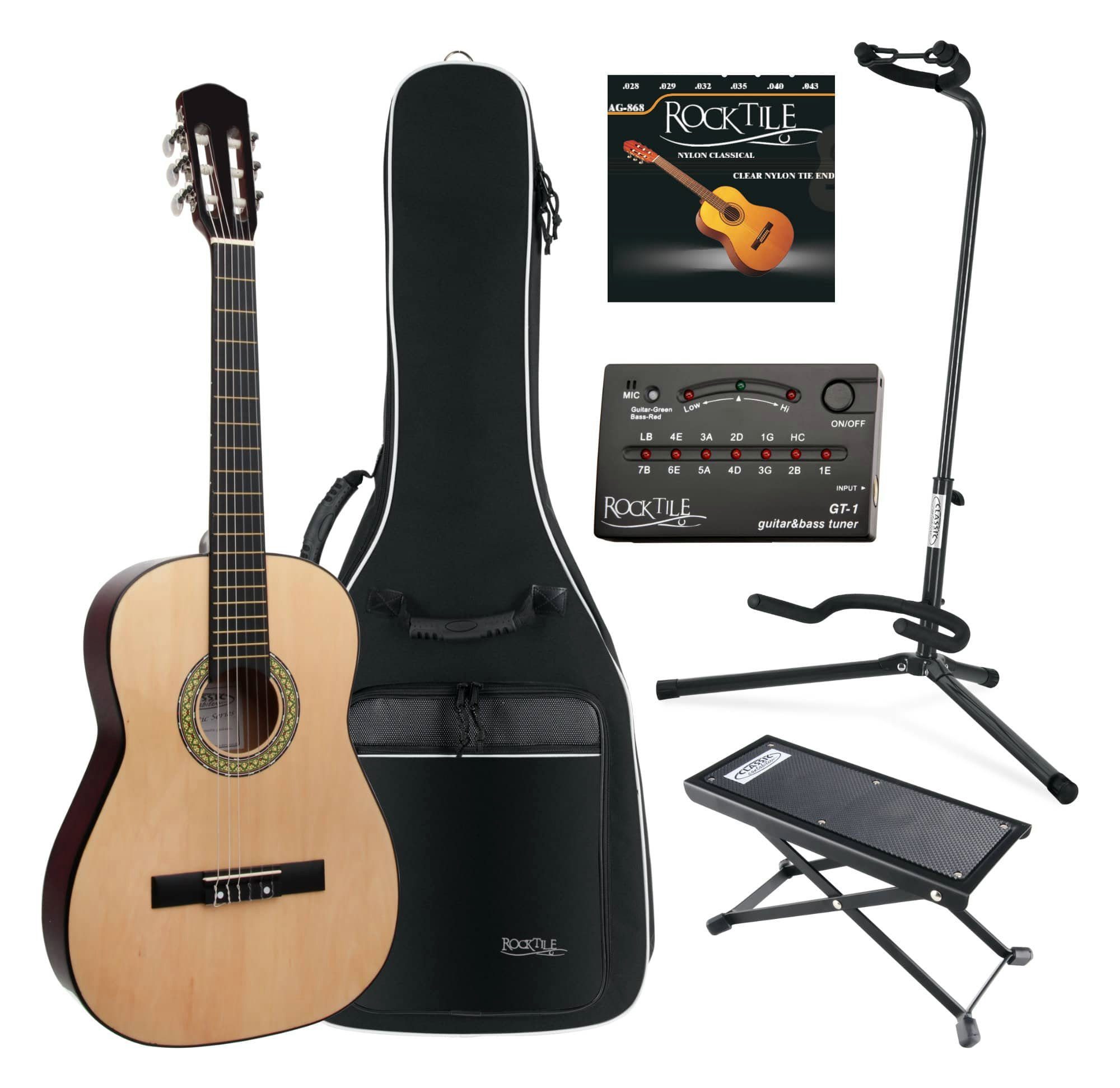 Classic Cantabile Konzertgitarre Klassik Gitarre - Komplettes Anfänger-Kit mit Ständer und Gigbag, 7/8, inkl. Fußbank, Stimmgerät und ein Satz Saiten