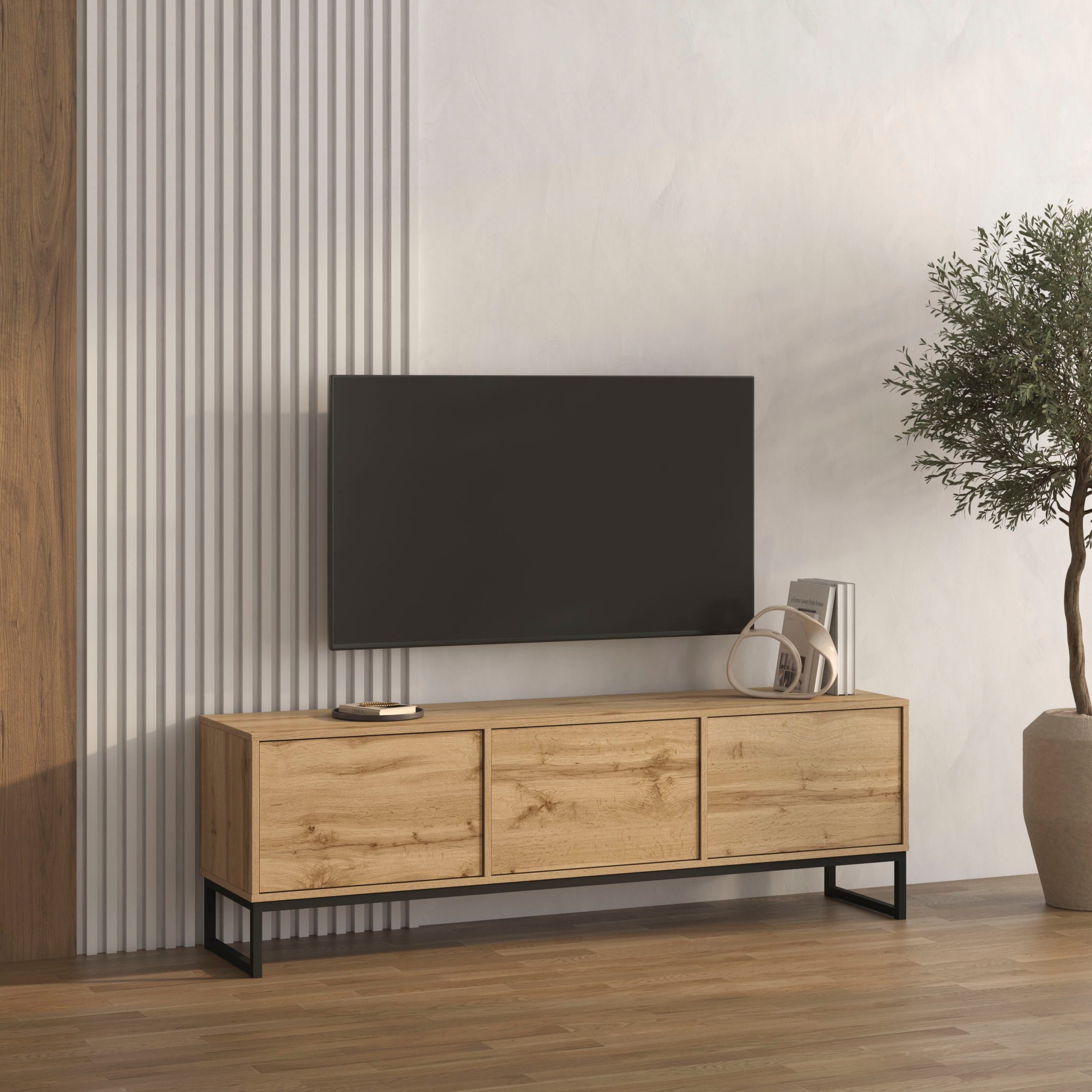 OTTO home Lowboard Loft, Breite 157 cm, TV-Board 3 Klappen, Metallkufen, TV-Kommode mit viel Stauraum, push-to-open-Funktion