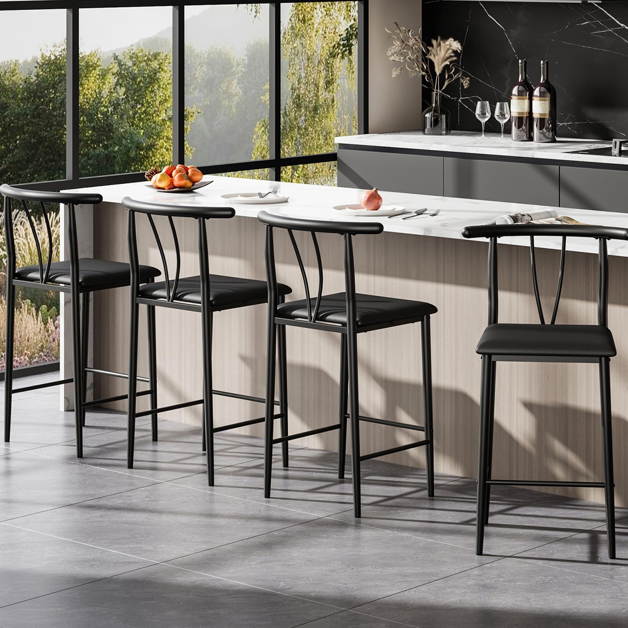 GarveeMore Barhocker mit U-förmiger Rückenlehne & schwarzes Metallgestell (4 St), PU-Leder Sitzfläche, Sitzhöhe 64 cm, Gesamthöhe 95 cm