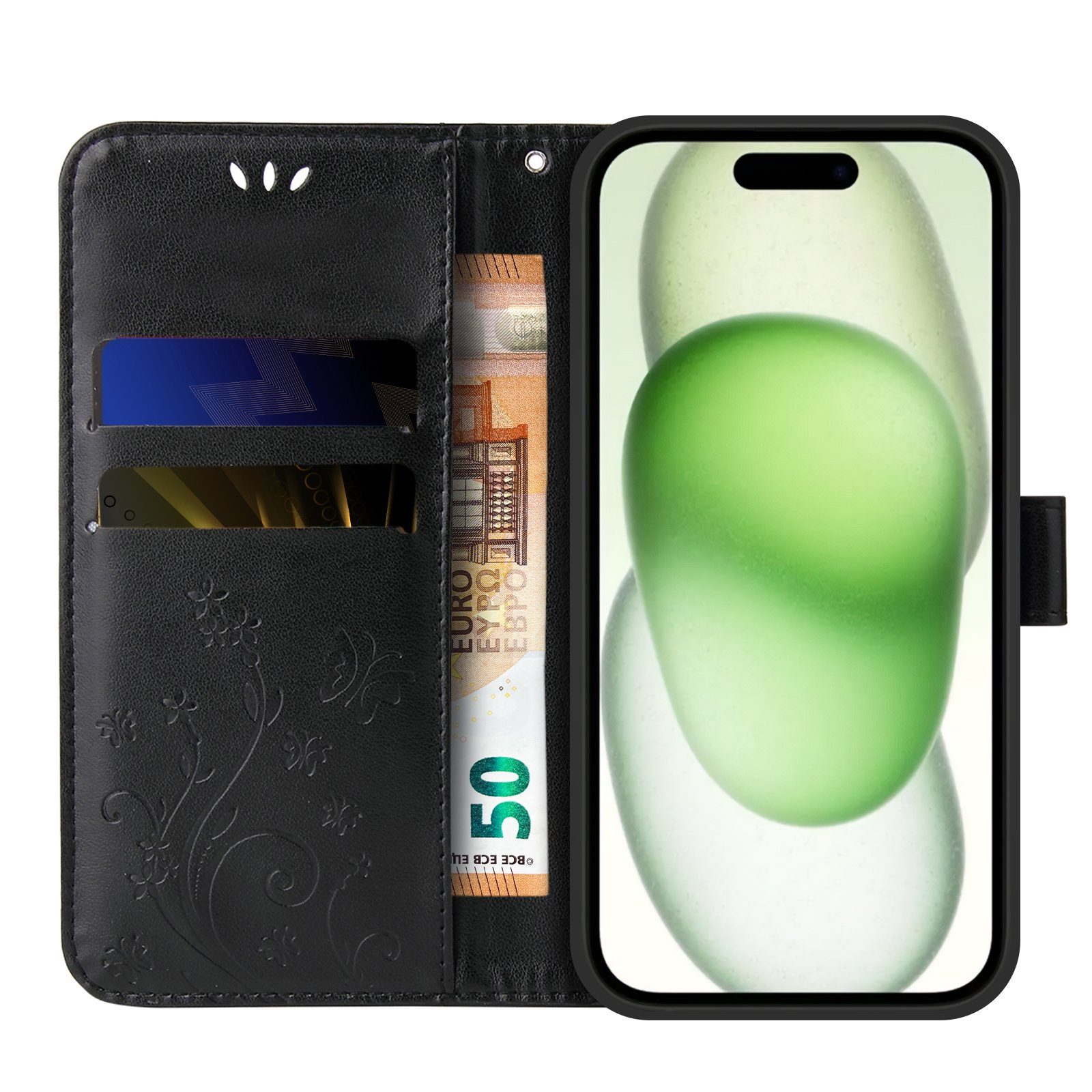 Tec-Expert Handyhülle Cover Tasche Hülle für Apple iPhone 15 6,1 Zoll, Klapphülle Case mit Kartenfach Fliphülle aufstellbar, Motiv Blumen