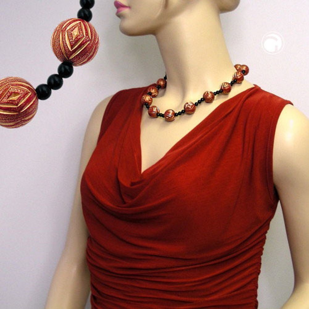 unbespielt Collier Kette Schmuckperlen Kunststoffperlen für Modeschmuck 50 cm, Damen rot-goldfarben-schwarz