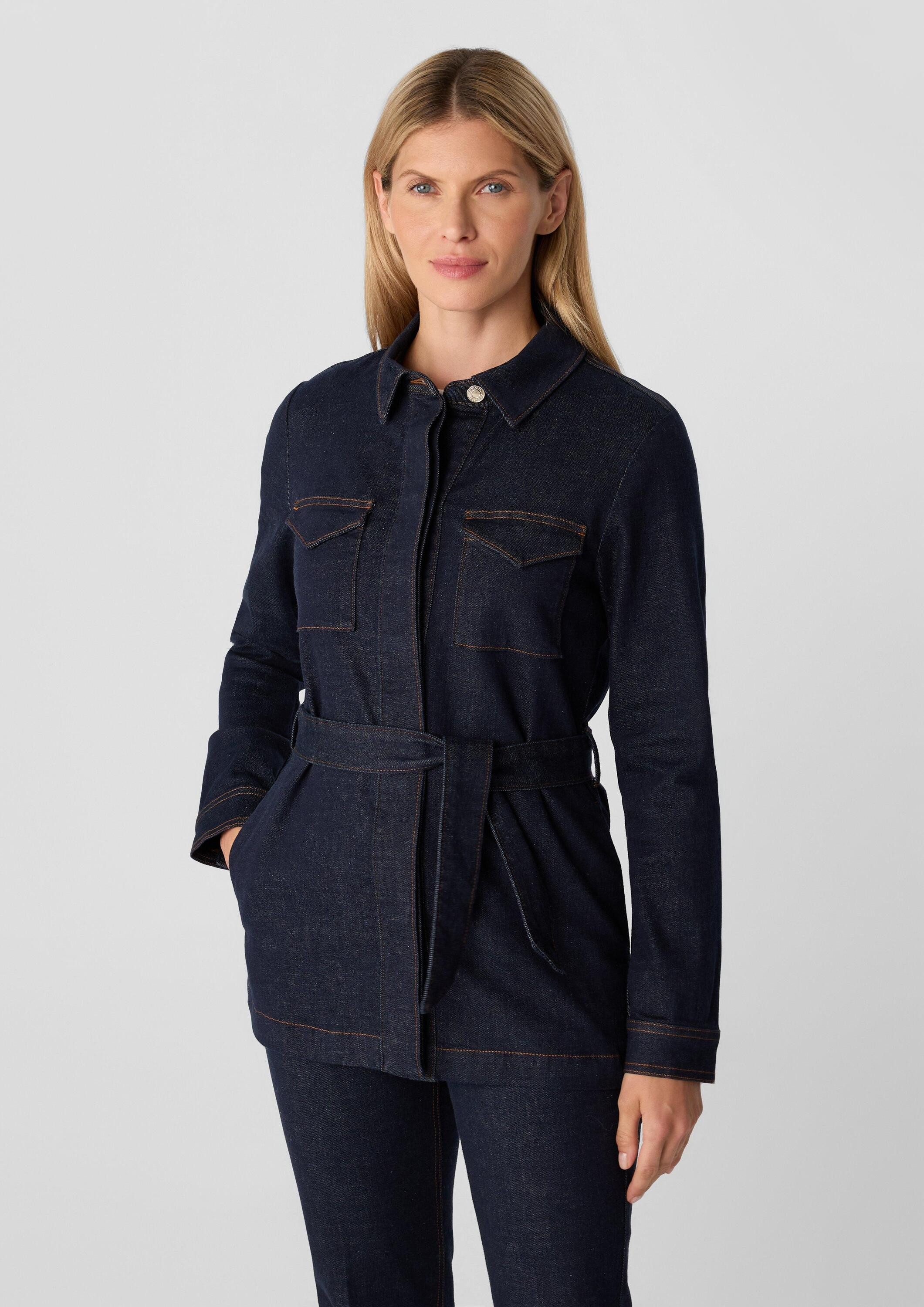 comma Funktionsjacke Indoor-Jacke Tailliertes Denim-Overshirt mit Gürtel