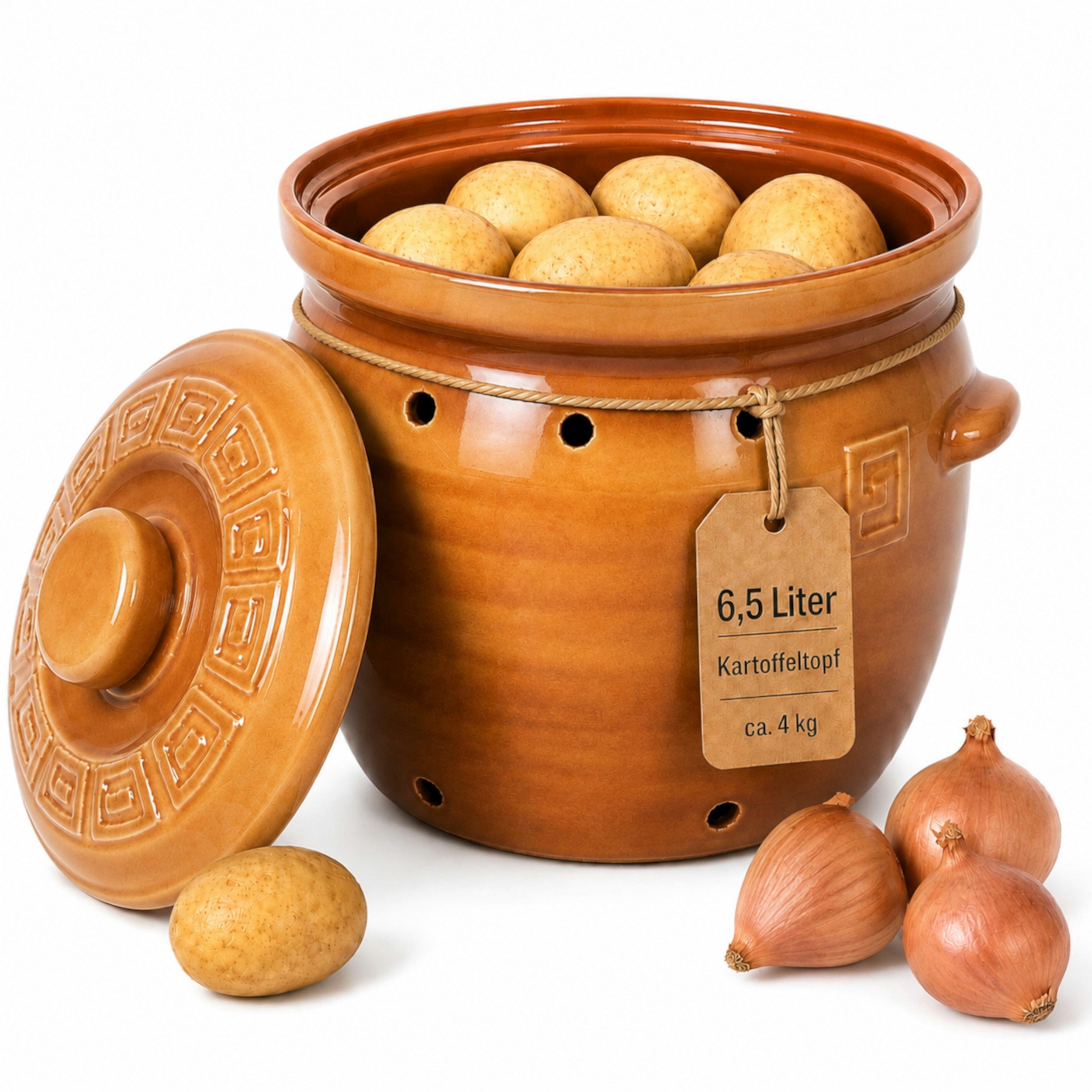 KERAZO Vorratsdose 6,5 Liter Kartoffeltopf & Zwiebeltopf mit Deckel aus Steingut, braun, Steingut, Unterstützt eine dunkle und gut belüftete Aufbewahrung von Kartoffeln