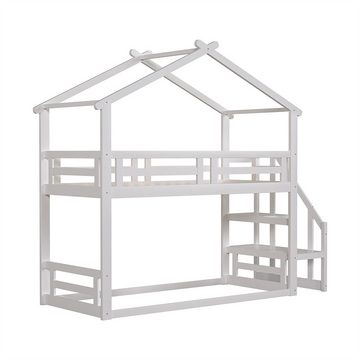 XDeer Etagenbett Kinderbett 90*200cm, Niedriges Etagenbett mit Sicherheitstreppe, Etagenbettgestell aus Massivholz mit Lattenrost, weiß