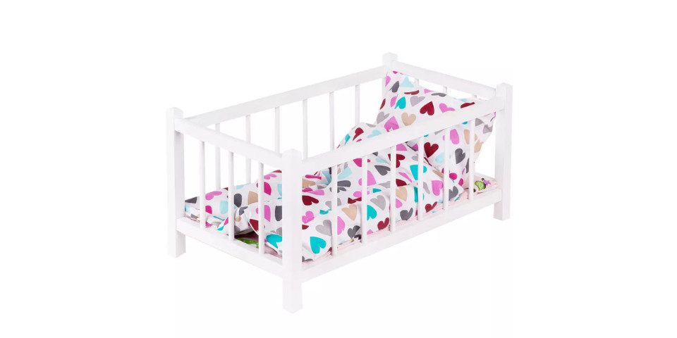 GOLDKIDS Puppenbett Naturholz Spielzeug Holzspielzeug mit Textilausrüstung (Bettwäsche Matratze), Kopfkissen Bettdecke Wiege für Puppen